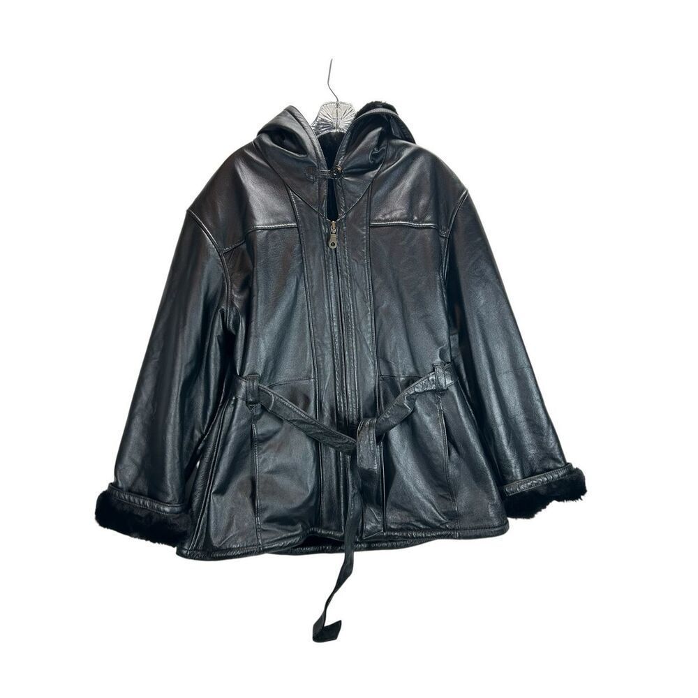 Wilsons Leather Hooded Coat XL Black Faux Fur Lined Belted Jacket